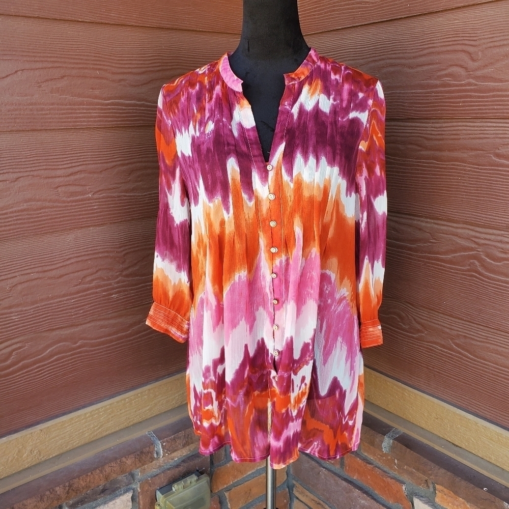 Cynthia Steffe Lightweight Tie-Dye Flowy Boho Blouse Purple Orange Pink Medium